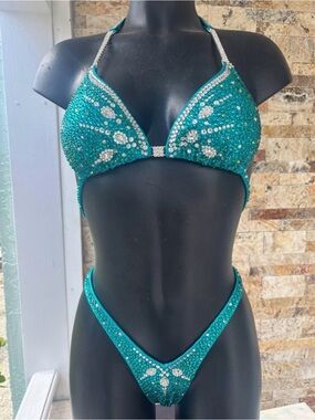 Custom Woman’s Bodybuilding Competition Teal Crystal Embellished Bikini Set